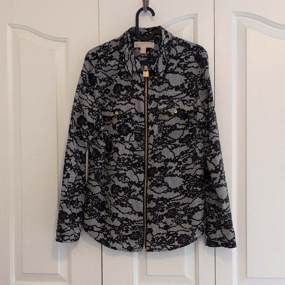 Michael Kors Black and White Lace Pattern Jacket With Gold Hardware